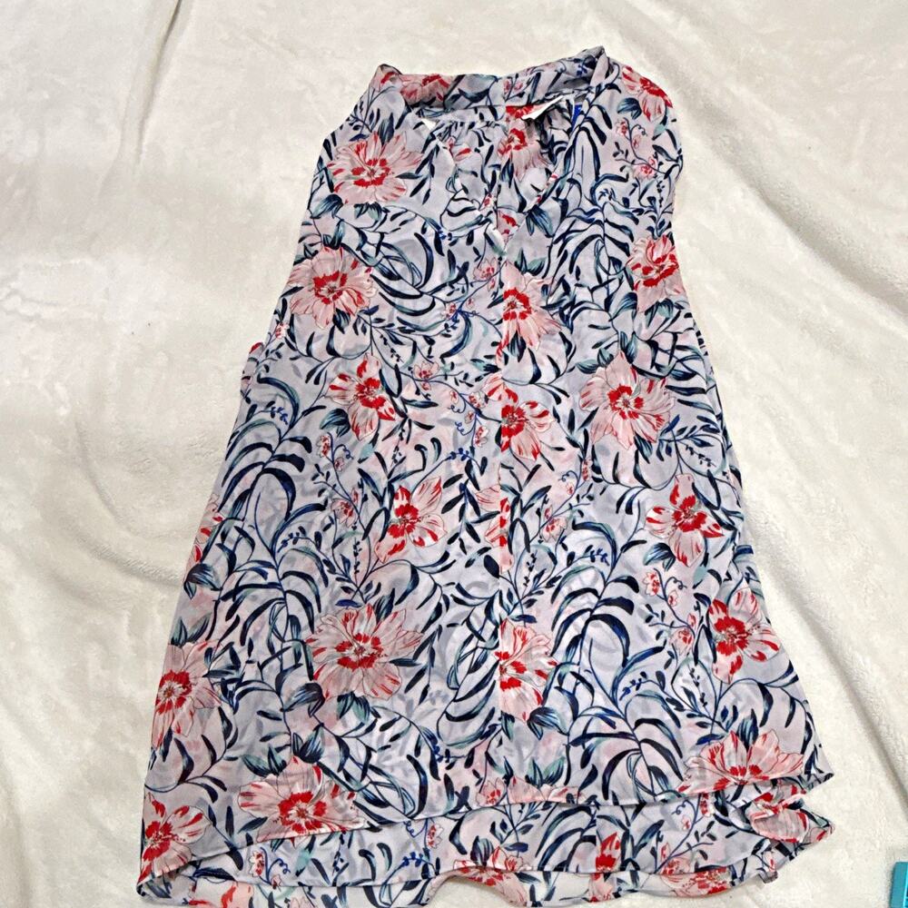 CAbi Floral V-Neck Sleeveless Midi Slip Dress White Blue Red Size L Regular